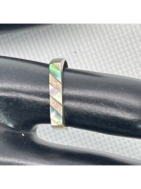 925 Silver Abalone Channel Inlay Green Iridescent Ring Mexico Size 6.25 Vintage
